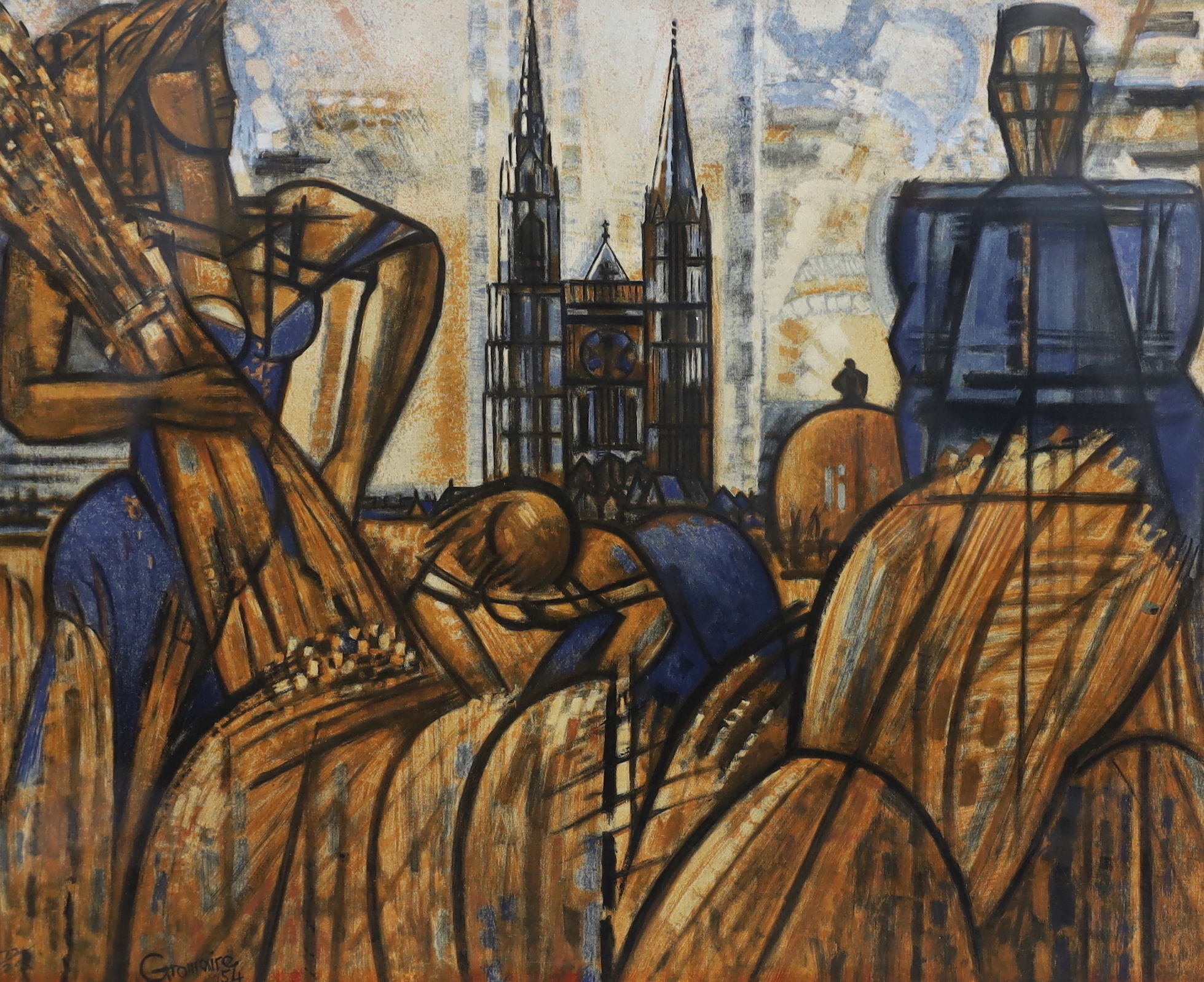 Marcel Gromaire (French, 1892-1971), limited edition print, numbered 73/200, Harvesters with a cathedral beyond mixed media signed and dated 1954, 38 x 47cm